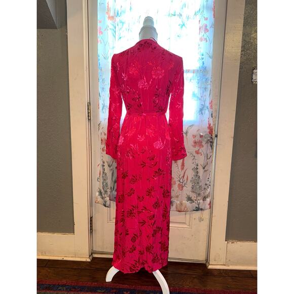 ZARA NEW JACQUARD SATIN WRAP DRESS BELTED FUCHSIA PINK - Picture 2 of 6